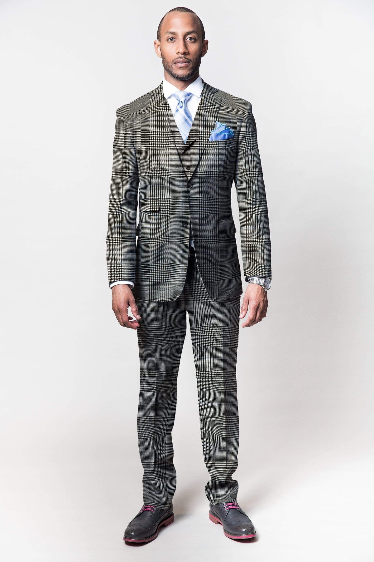 Men's Grey Prince of Wales Plaid Slim 2 Piece Suit