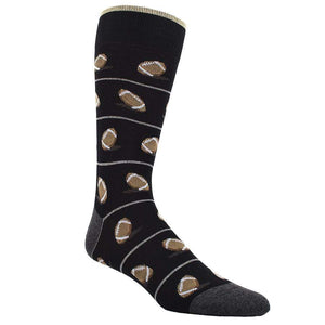 Unique socks. They are black background with a one of a kind all over pattern of footballs on them.