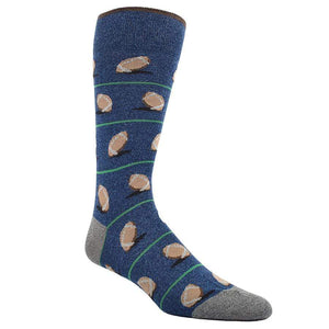 Unique socks. They are blue background with a one of a kind all over pattern of footballs on them.