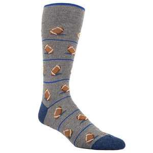 Unique socks. They are grey background with a one of a kind all over pattern of footballs on them.